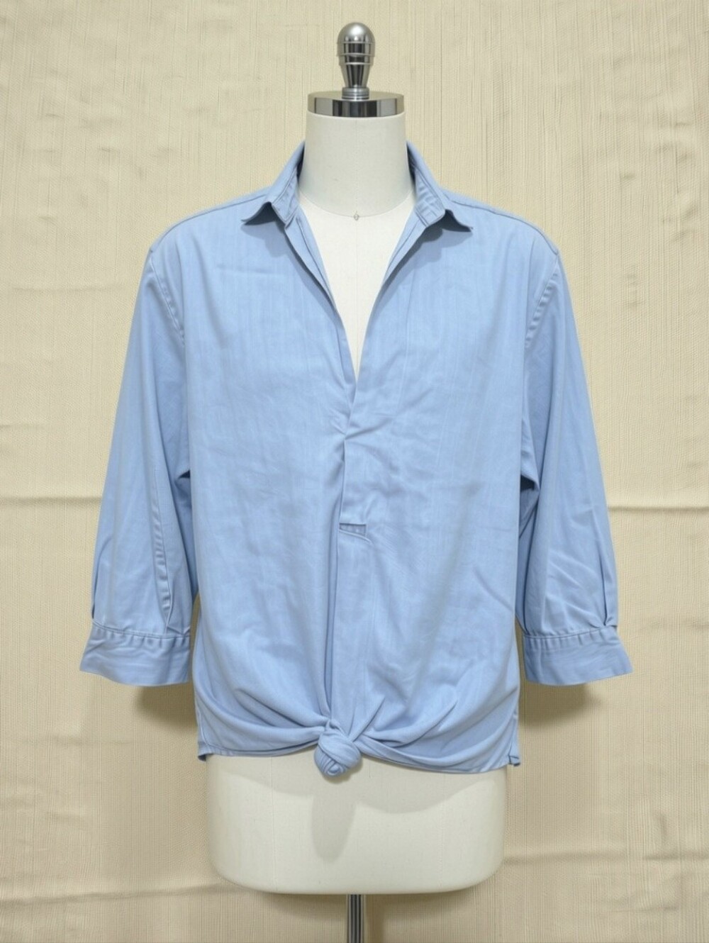 Lightwash Blue Soft Denim V-neck Knot Tie-Front Shirt Casual Breathable C1-0021